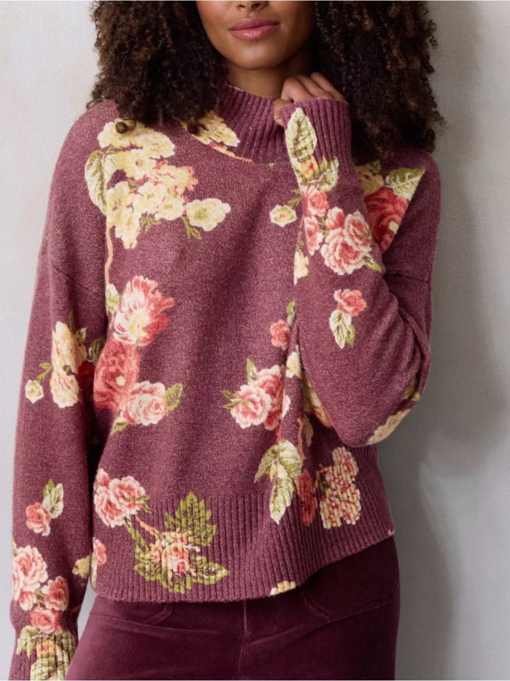 LC Lauren Conrad Rose-Mauve Floral Mockneck Pullover dSweater